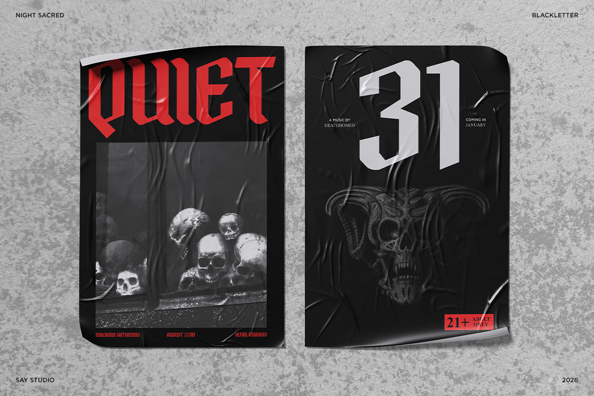 Dark metal album cover mockups with skull imagery, red typography, industrial vibes