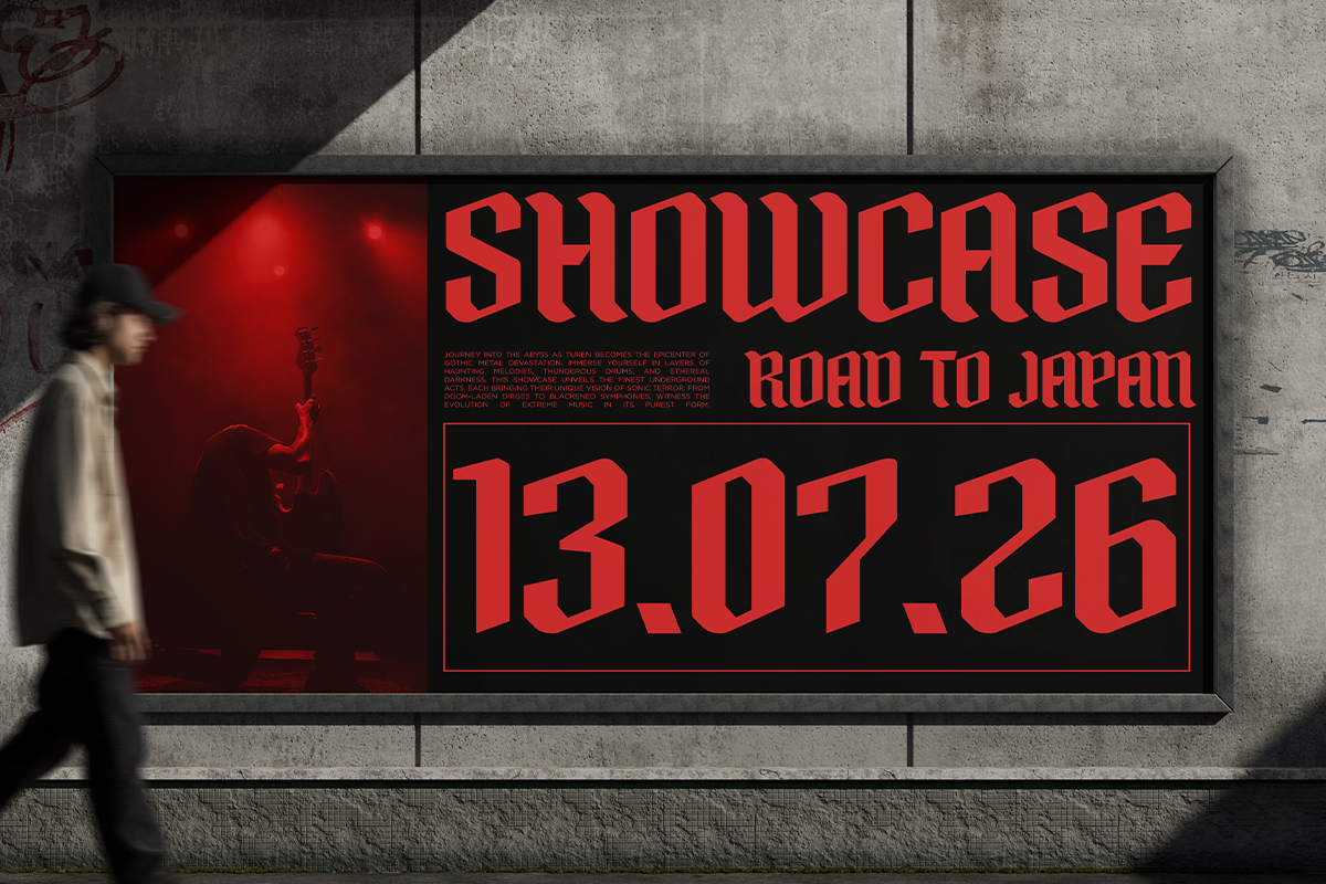 Bold red metal billboard mockup on concrete wall with guitarist silhouette, event poster design