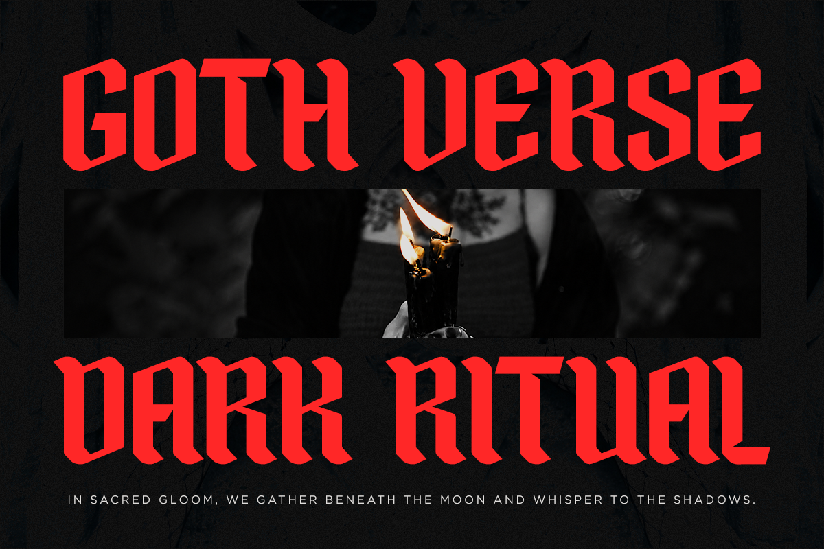 Goth Verse Dark Ritual font in bold red with moody candle imagery on black background