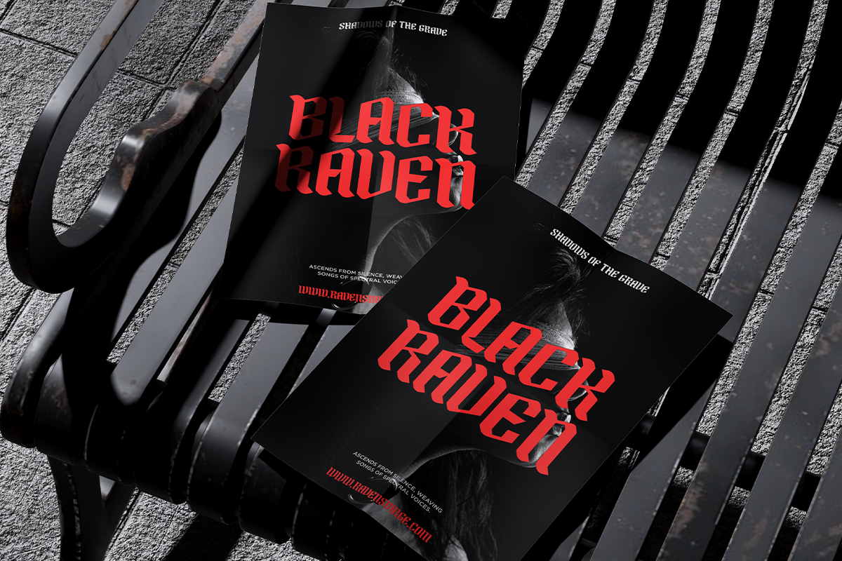 Black Raven poster mockup with bold red typography on dark albums, shot flat lay with dramatic shadows