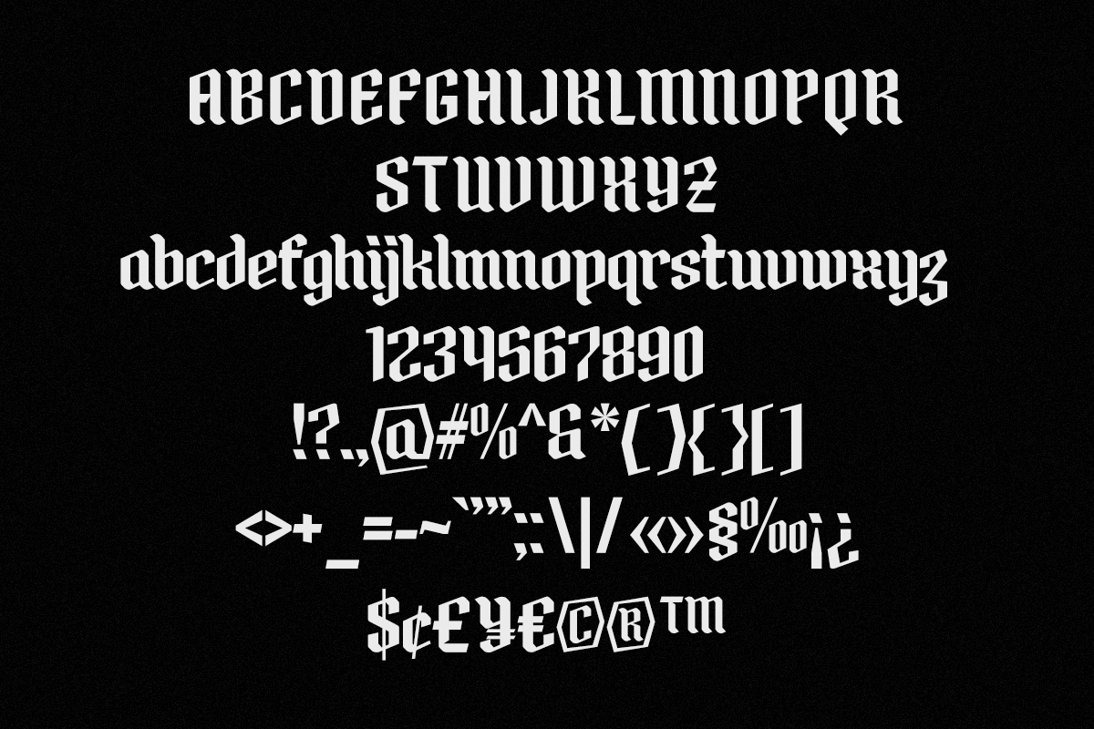 Bold serif font with uppercase, lowercase, numbers, plus symbols on black background