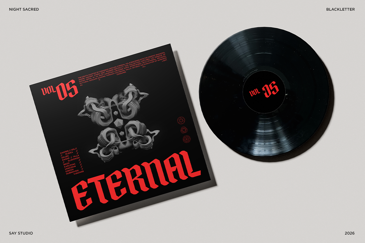 Vinyl record mockup with black sleeve featuring red gothic typography, ornamental illustration, vol 05 branding