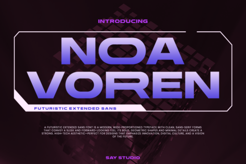 Noa Voren futuristic sans serif font in purple gradient on dark background
