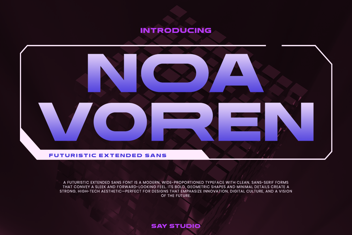 Noa Voren futuristic sans serif font in purple gradient on dark background