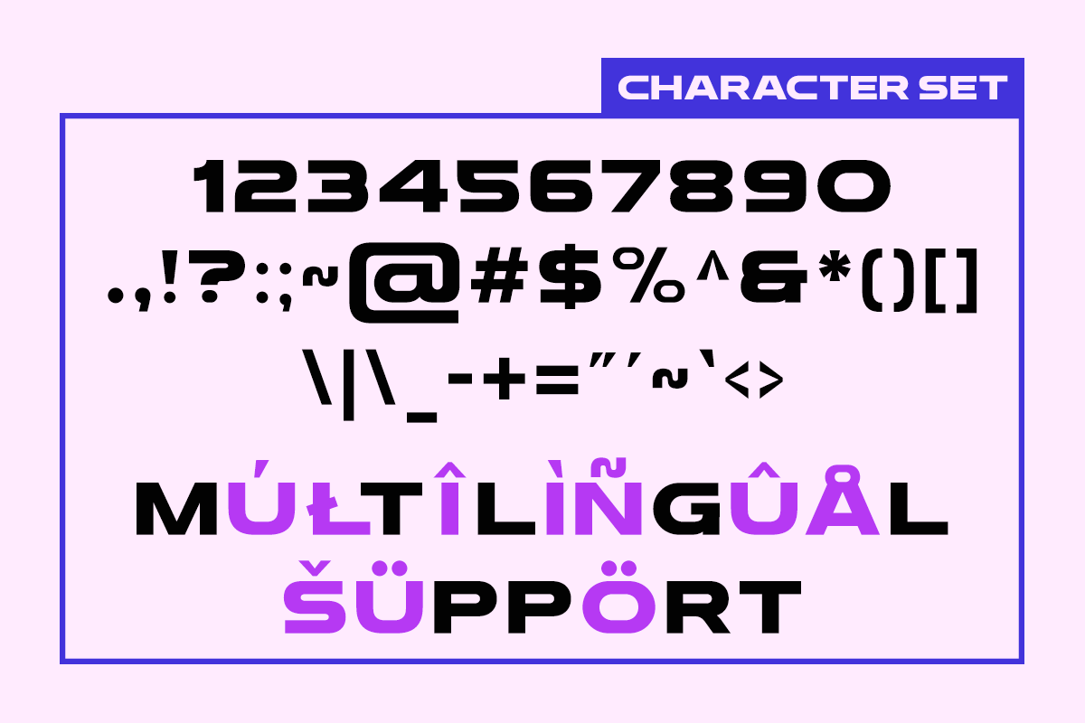 Bold sans serif font with numbers, punctuation, multilingual characters in black with purple accents