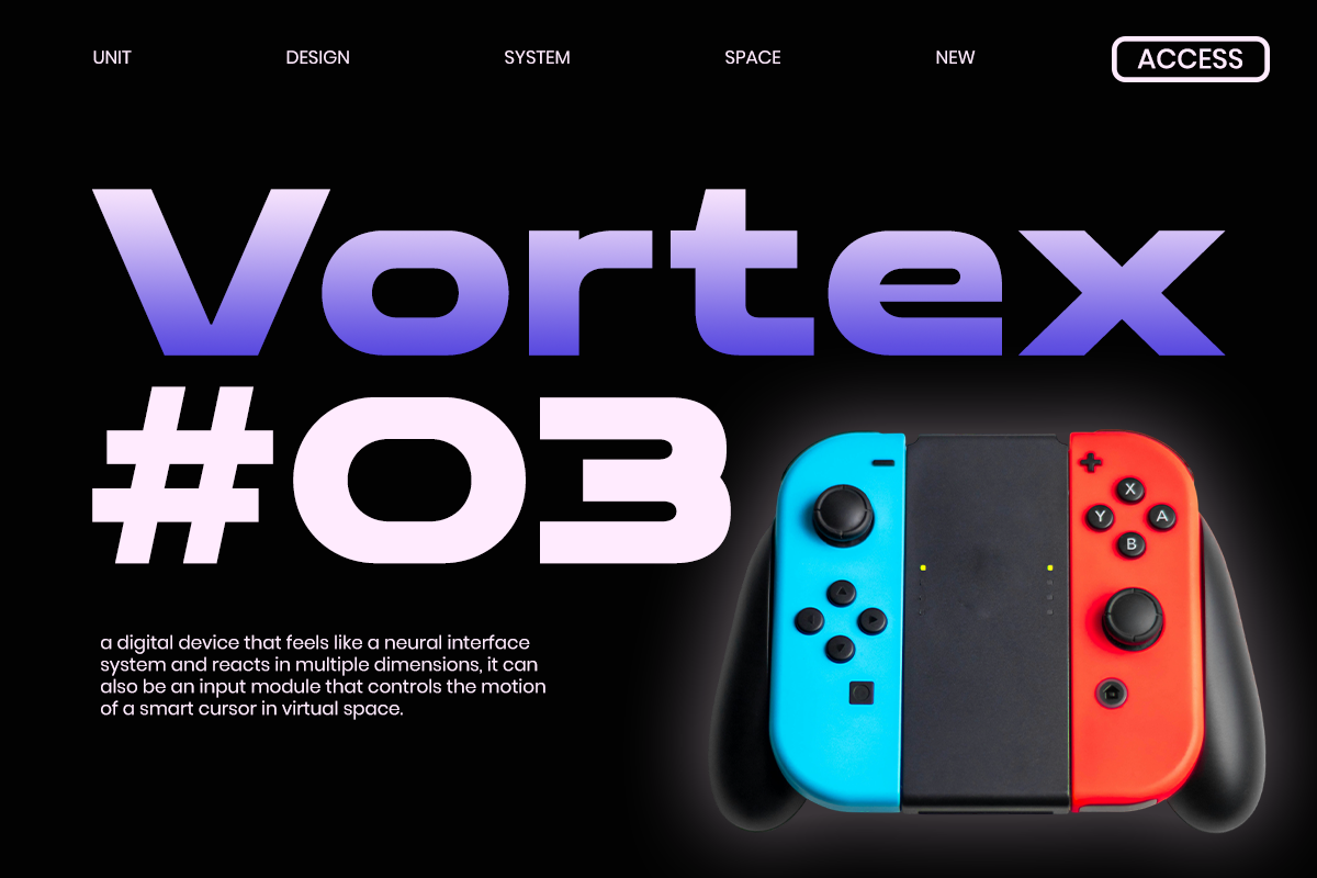 Vortex #03 mockup with gradient text, navigation menu, cyan-red gaming controller on black background