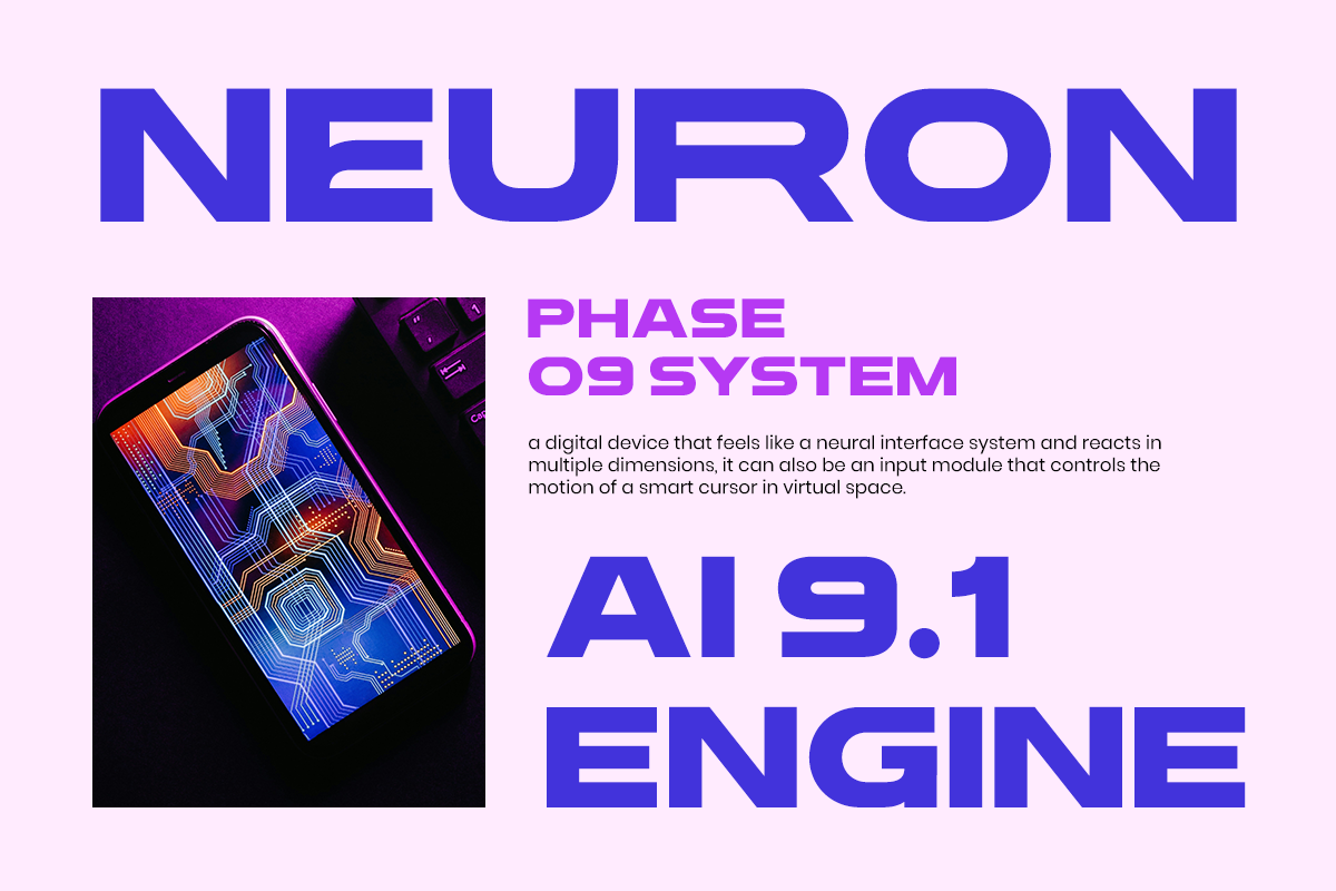 Smartphone displaying neon blue orange neural circuit patterns with Phase 09 System branding
