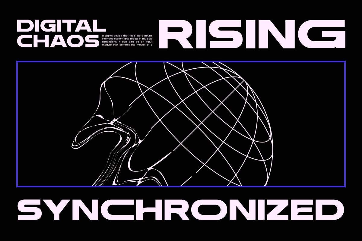Digital Chaos Rising Synchronized mockup with neon wireframe globe on black background