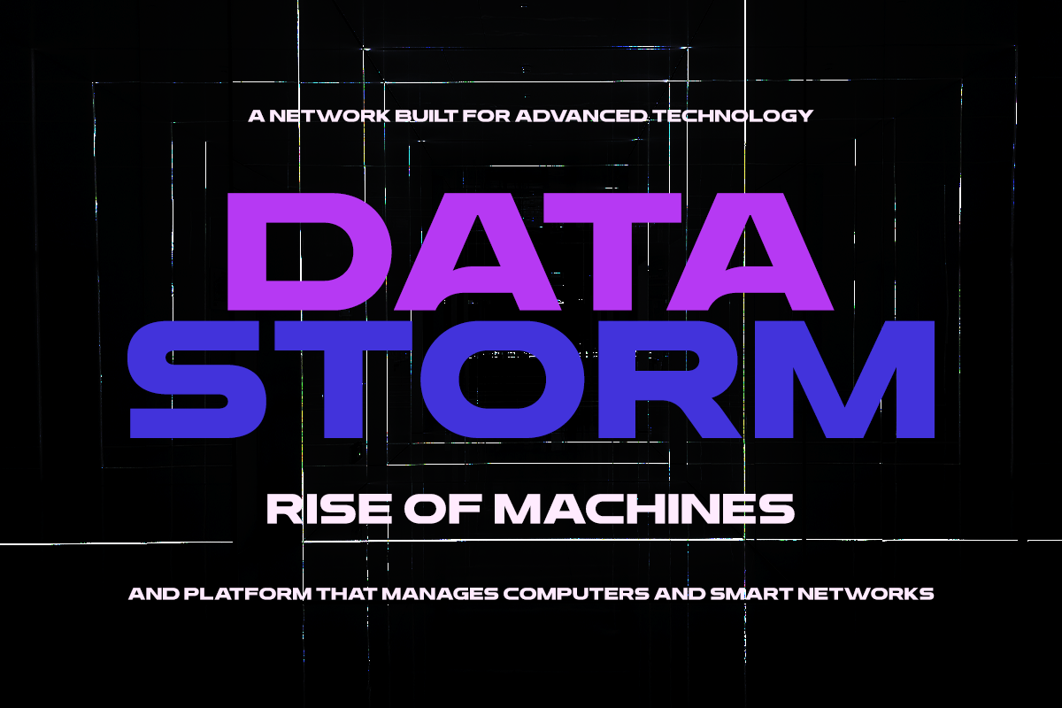 Bold neon typography poster with magenta "DATA" over blue "STORM" on black background with tech grid lines
