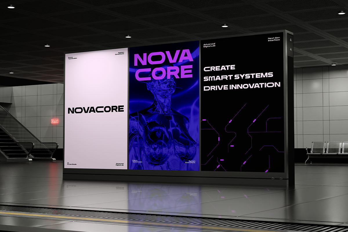 Modern airport billboard mockup showing three panels with NovaCore branding in purple, pink, minimal layouts