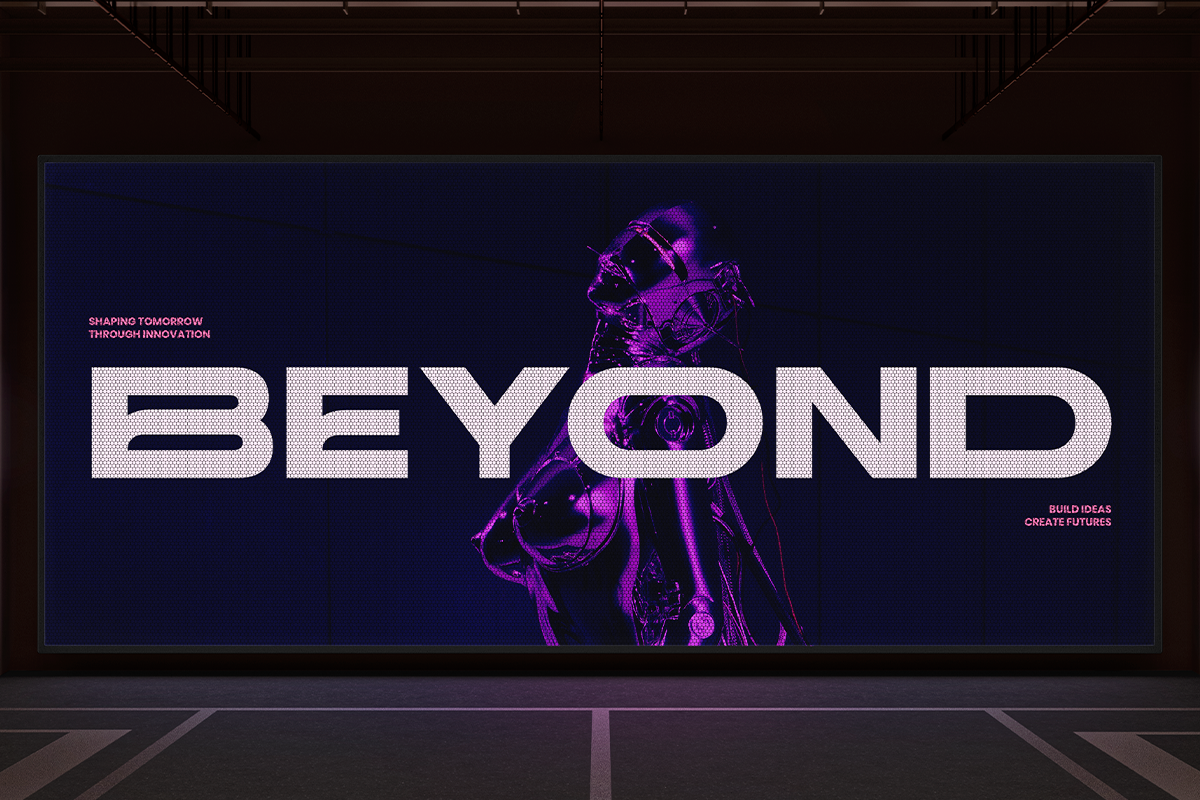 Bold sci-fi billboard mockup with neon purple figure, oversized sans-serif typography on dark navy background