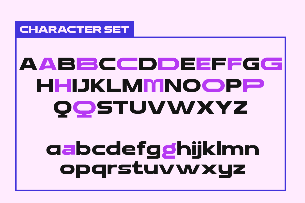 Bold sans serif font with neon purple alternating letters, uppercase lowercase variants shown