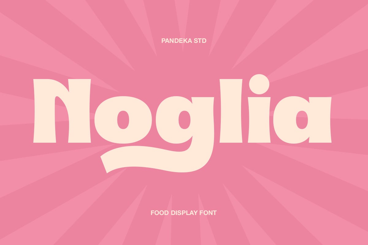 Pandeka Std display font in cream on hot pink retro sunburst background