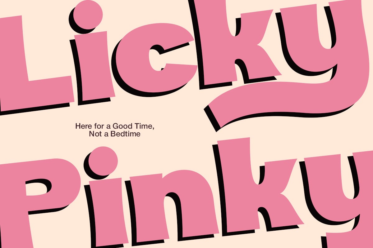 Bubbly pink typography design with black outlines saying "Lively" over cream background, tagline reads "Here for a Good Time, Not a Bedtime"