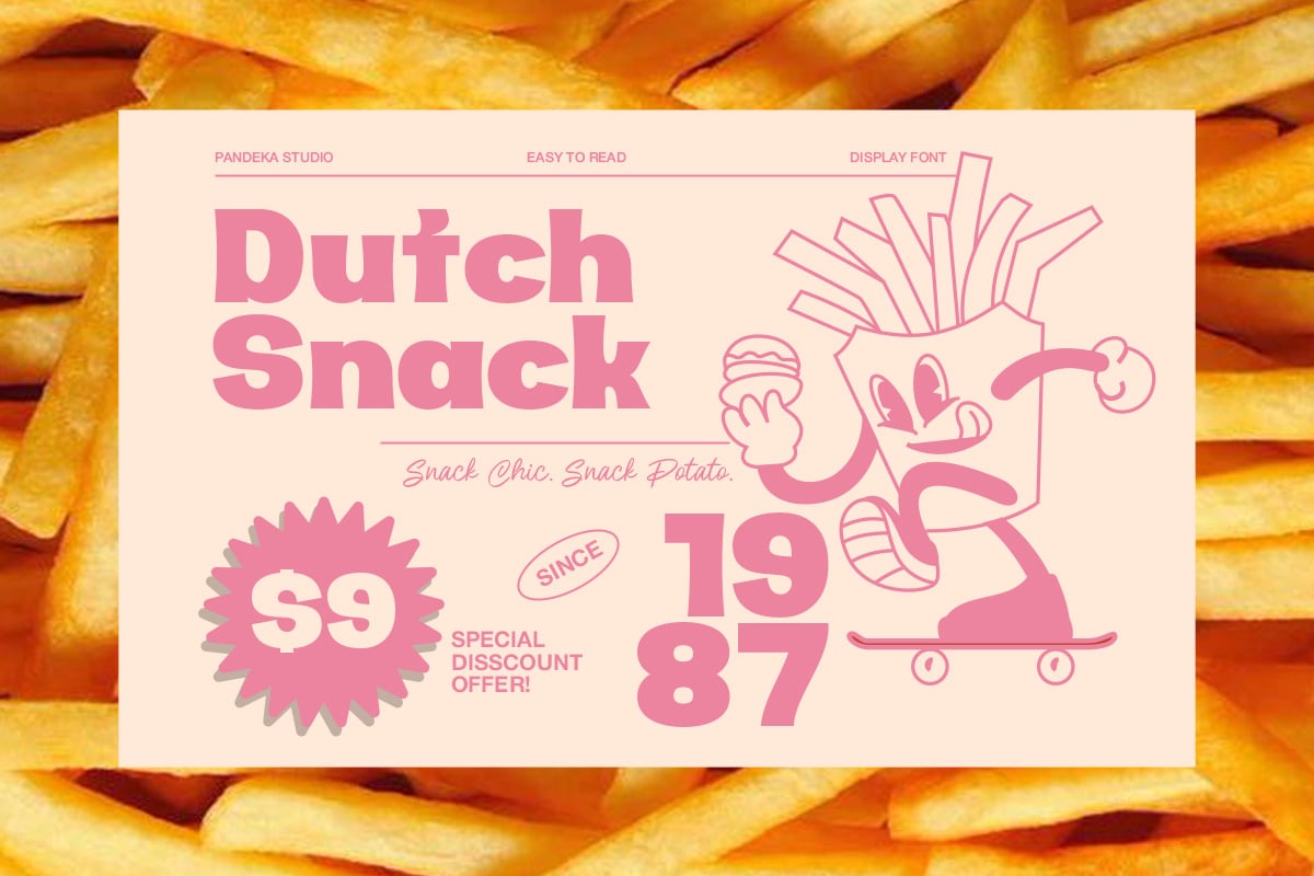 Retro snack shop poster mockup with bold pink typography over cream background