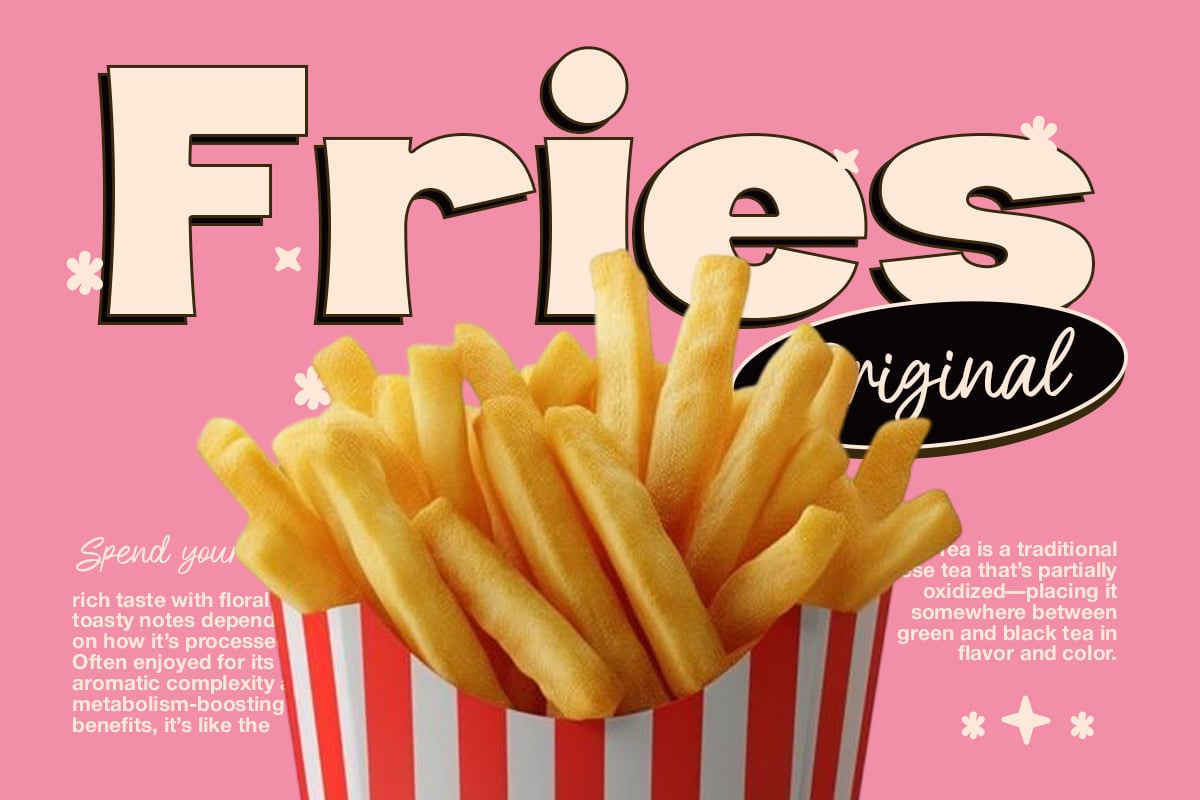 Retro fast food poster with oversized french fries, bold pink typography, cream doodles on hot pink background