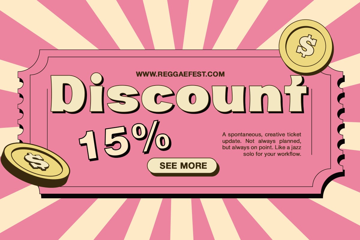 Retro pink ticket mockup with 15% discount offer, gold coins, sunburst background