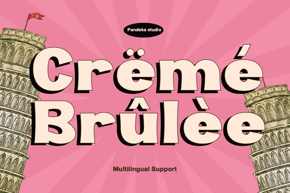 Creme Brulee font with radial sunburst pink background, classical columns, Pandeka studio branding