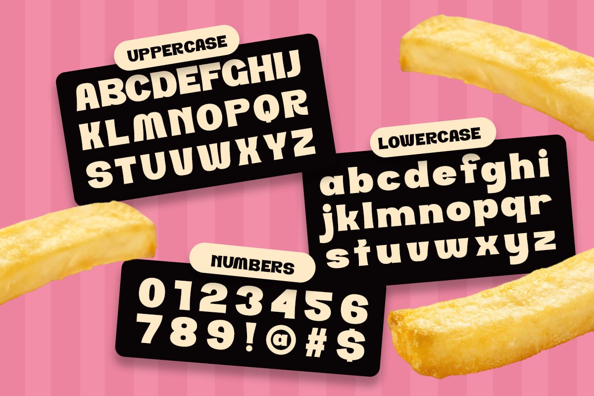 Bold retro font showing uppercase, lowercase, numbers with yellow pencils on hot pink background