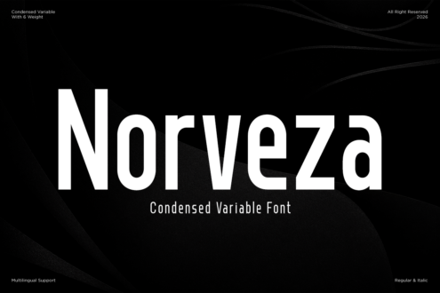 Norveza condensed variable font with 6 weights displayed in white on black background