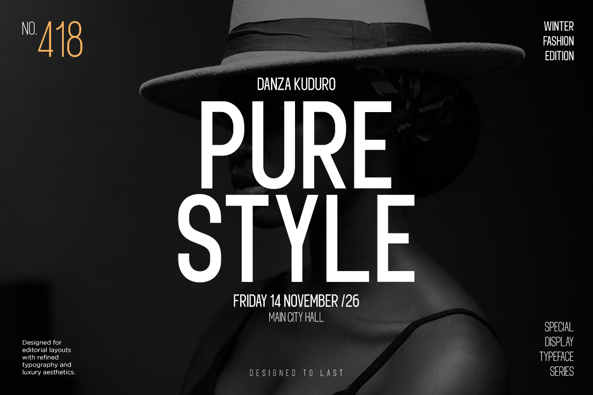 Minimalist fashion poster mockup with bold white typography over moody black hat imagery, winter edition layout template
