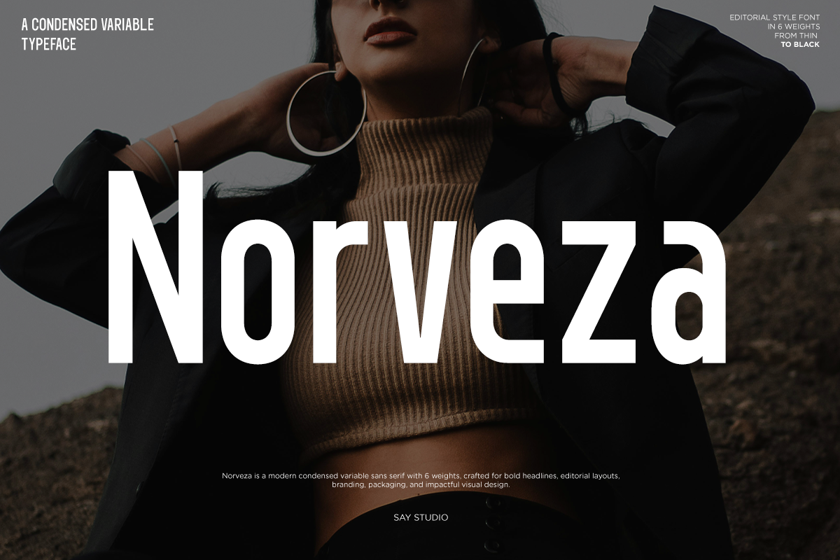 Norveza condensed sans serif font displayed over moody fashion editorial photo of woman in black blazer