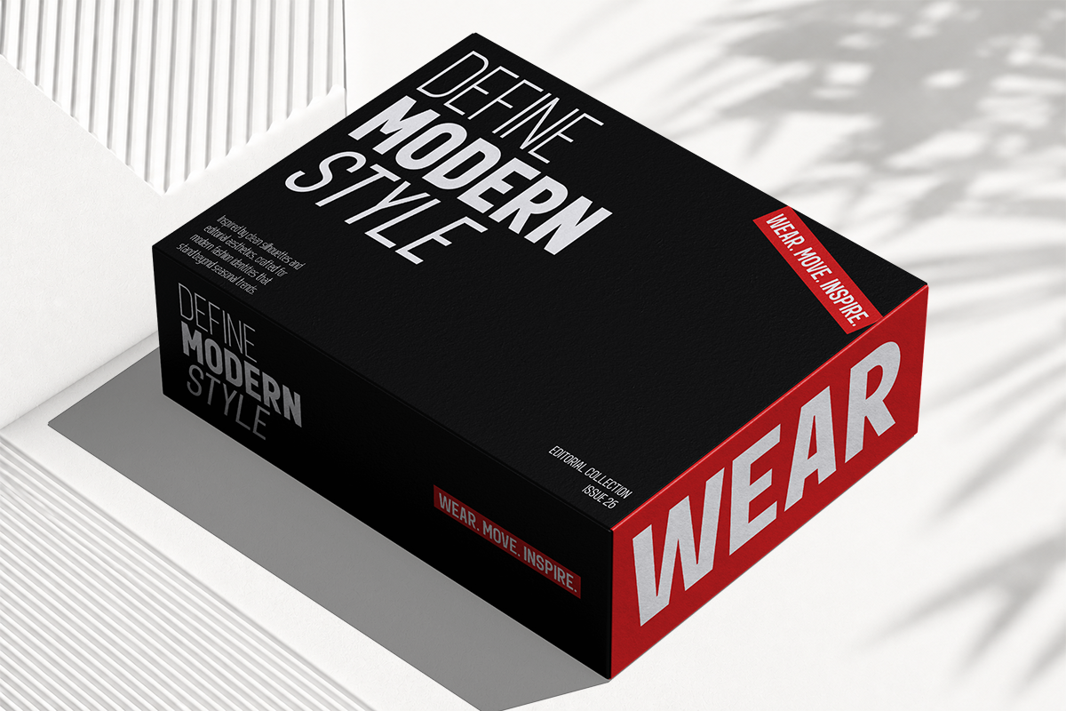 Square box mockup with black top, red sides, modern typography layout on white striped background