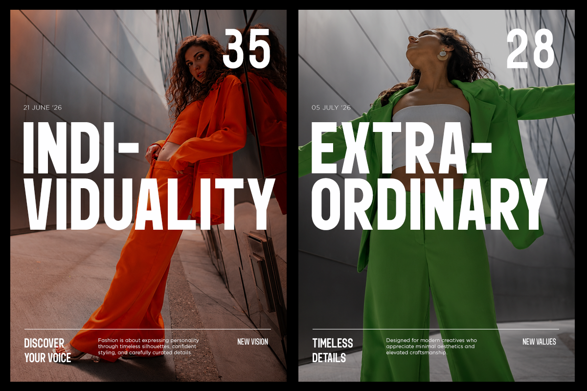 Two fashion editorial mockups side by side: left shows woman in red suit with "Individuality" text, right shows woman in green blazer with "Extraordinary" text