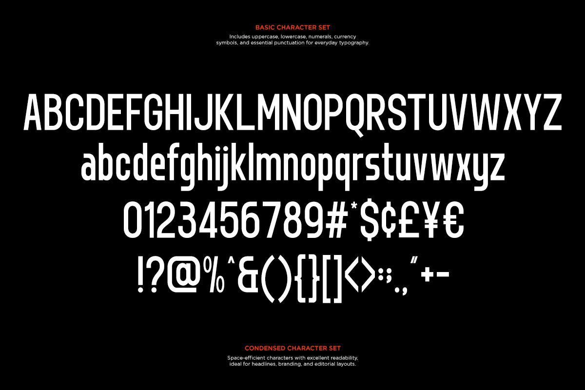 Bold sans serif font showing uppercase, lowercase, numbers, currency symbols, punctuation on black background