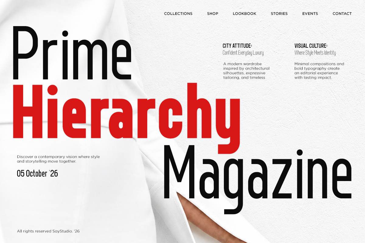 Prime Hierarchy Magazine layout with bold red typography, minimal design, white background