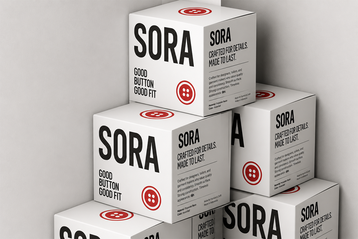 Stacked button packaging boxes for SORA with bold typography, red button icons, product details on sides
