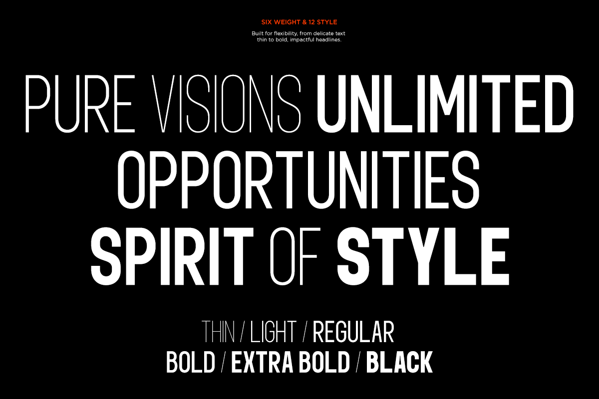 Modern sans serif font displaying six weights from thin to black with sample text on black background