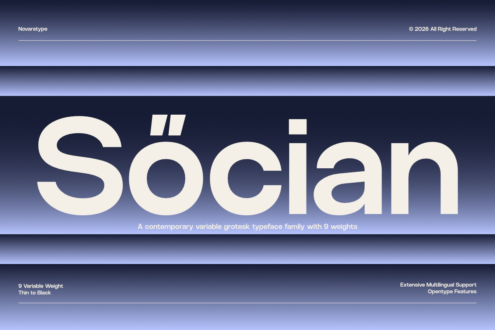 Socian typeface family display showing cream letters on dark blue background with weight range info