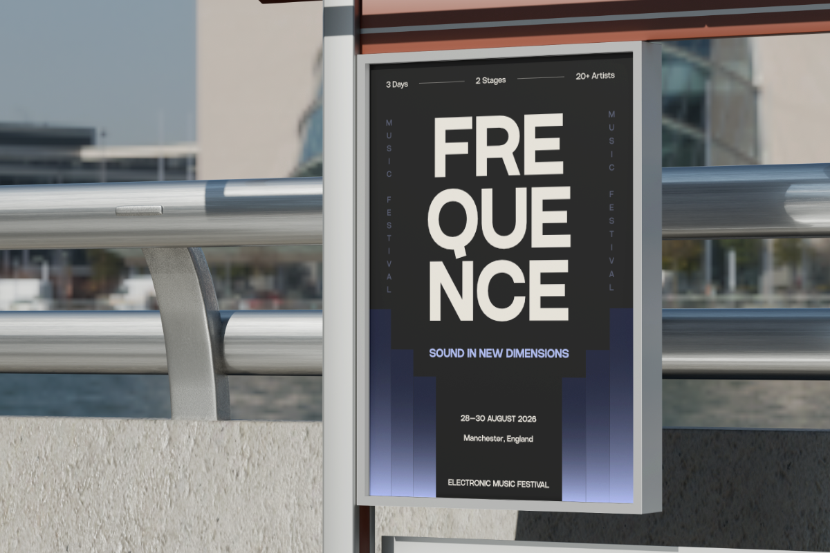 Modern festival poster mockup on urban street billboard with city skyline behind