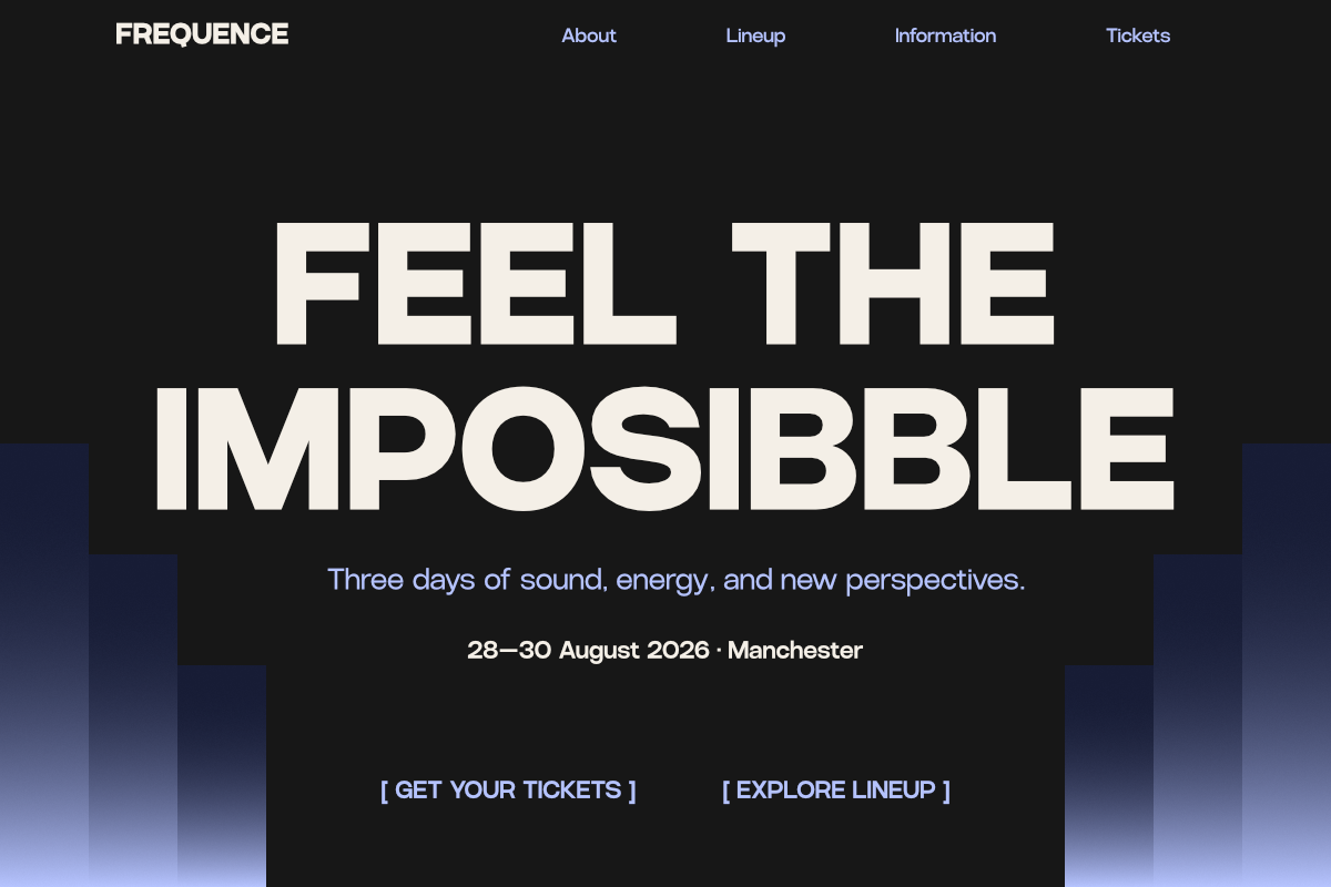 Bold event website hero showing "Feel the Impossible" tagline with venue details