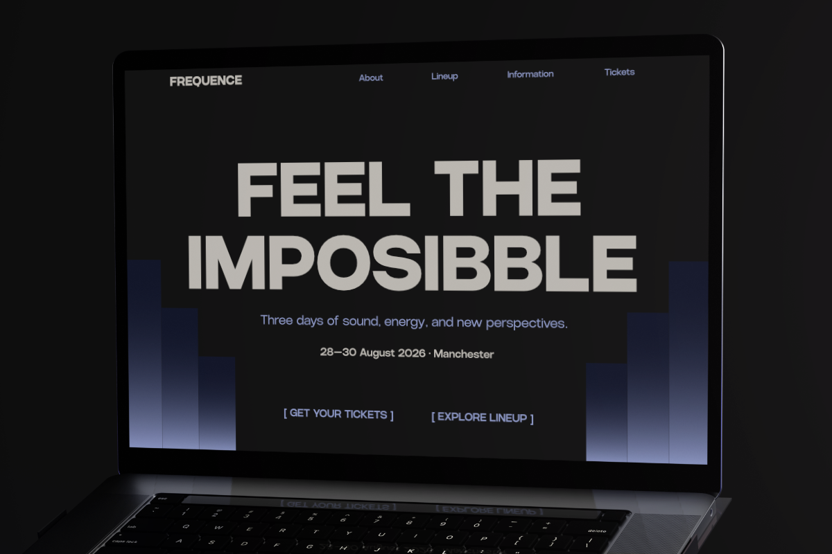 Laptop mockup showing bold event website homepage with "FEEL THE IMPOSSIBLE" headline, dark theme with blue accent bars