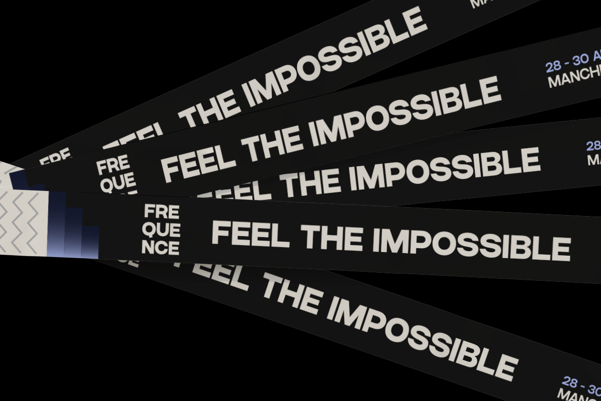 Stacked black ribbons with "Feel The Impossible" text in bold white lettering, event dates visible