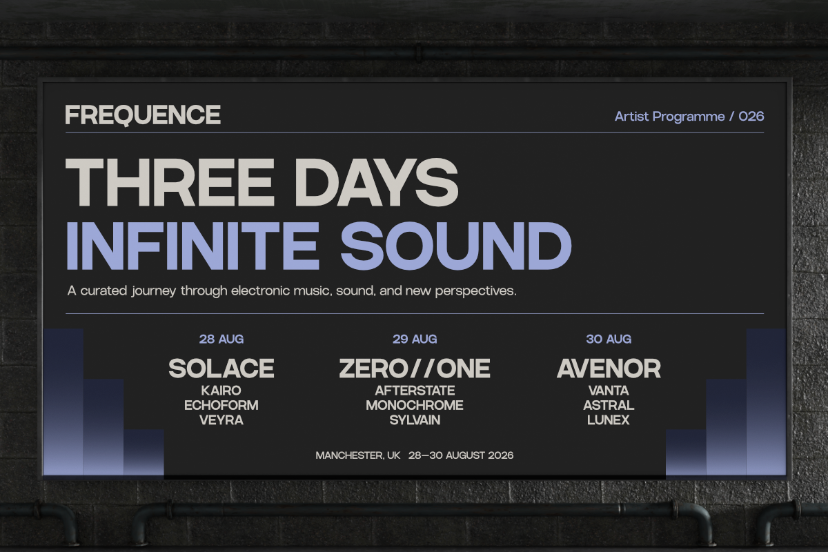 Frequency electronic music festival billboard with three day lineup, Manchester UK August 2026