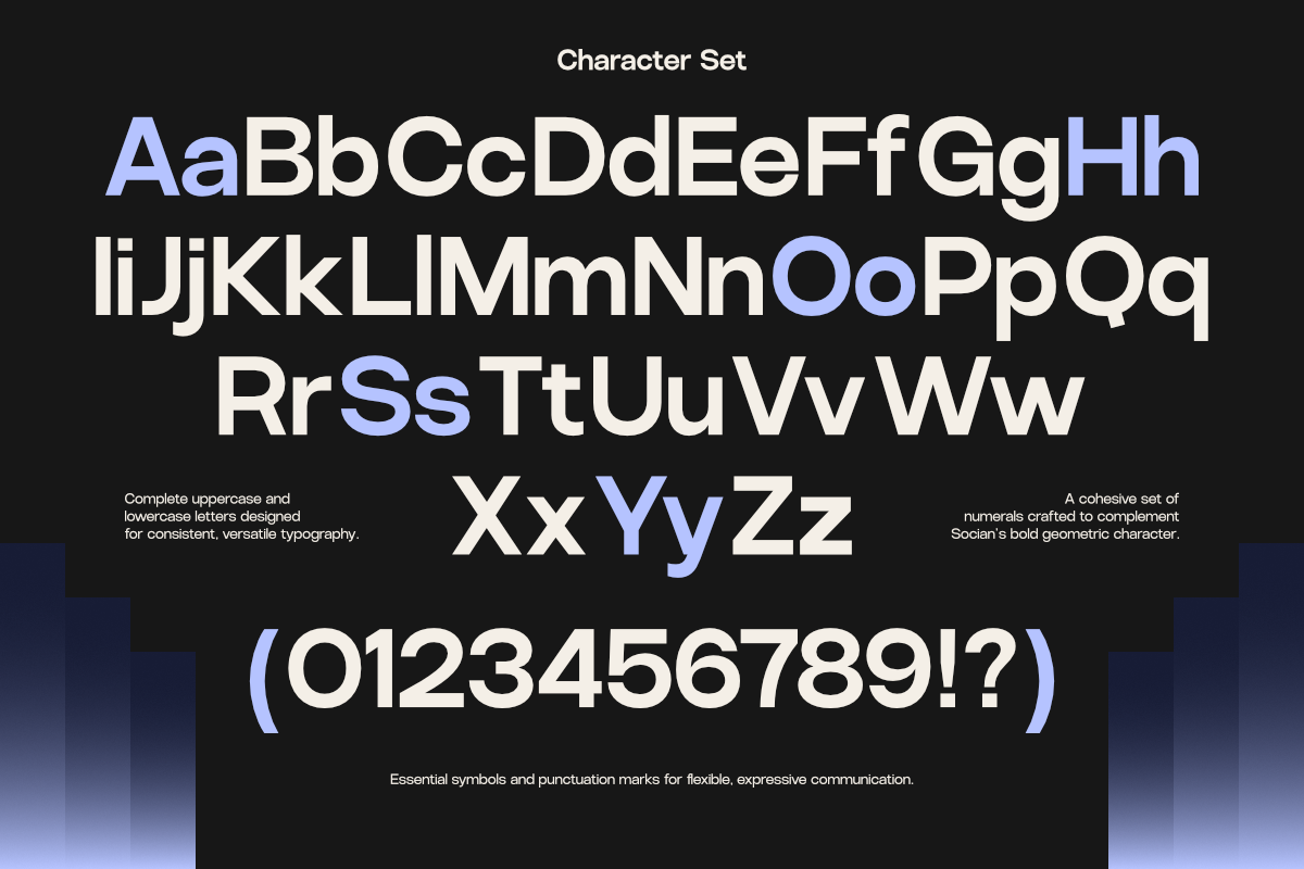 Full character set with uppercase, lowercase, numbers, plus symbols in bold geometric typeface