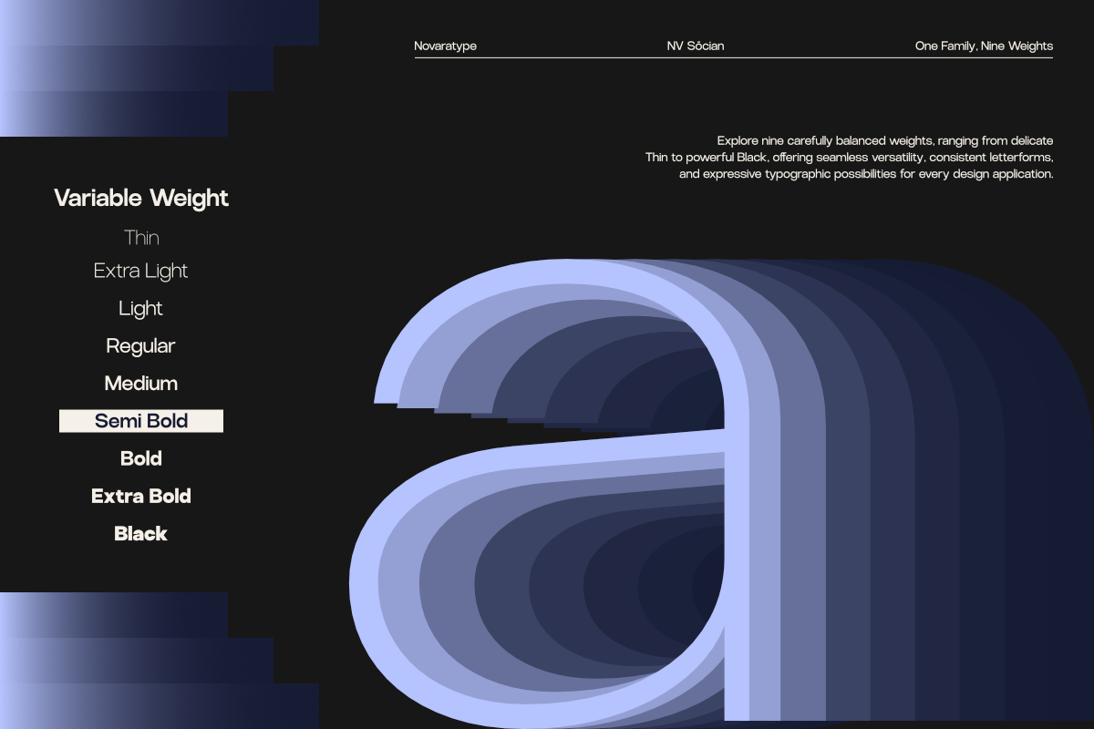 NV Sócian font family displaying nine weights from thin to black in gradient layers