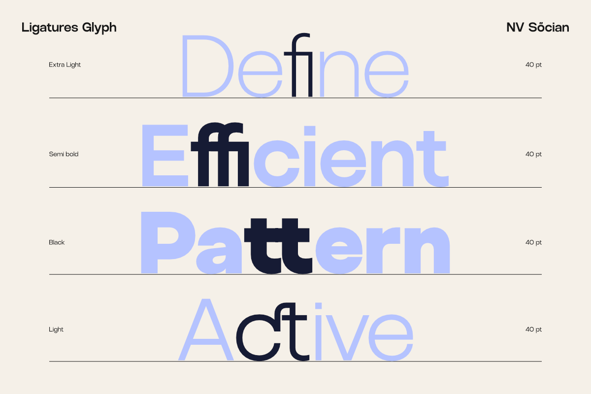 Font weight comparison showing Define, Efficient, Pattern, Active in Extra Light, Semi Bold, Black, Light styles