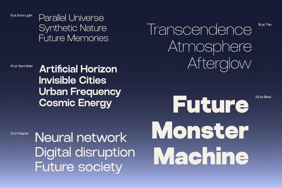 Futuristic font family with multiple weights displayed on dark blue gradient background