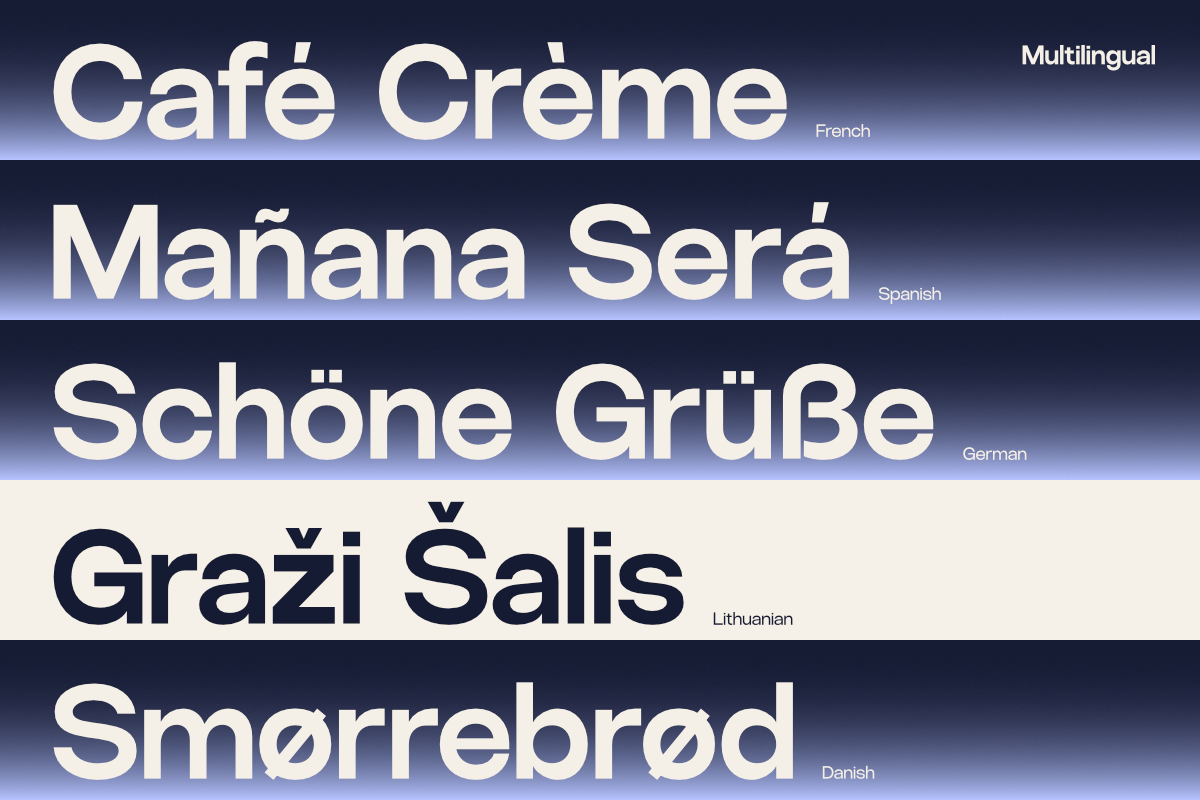 Five language versions of "good morning" displayed in bold sans serif type on gradient backgrounds