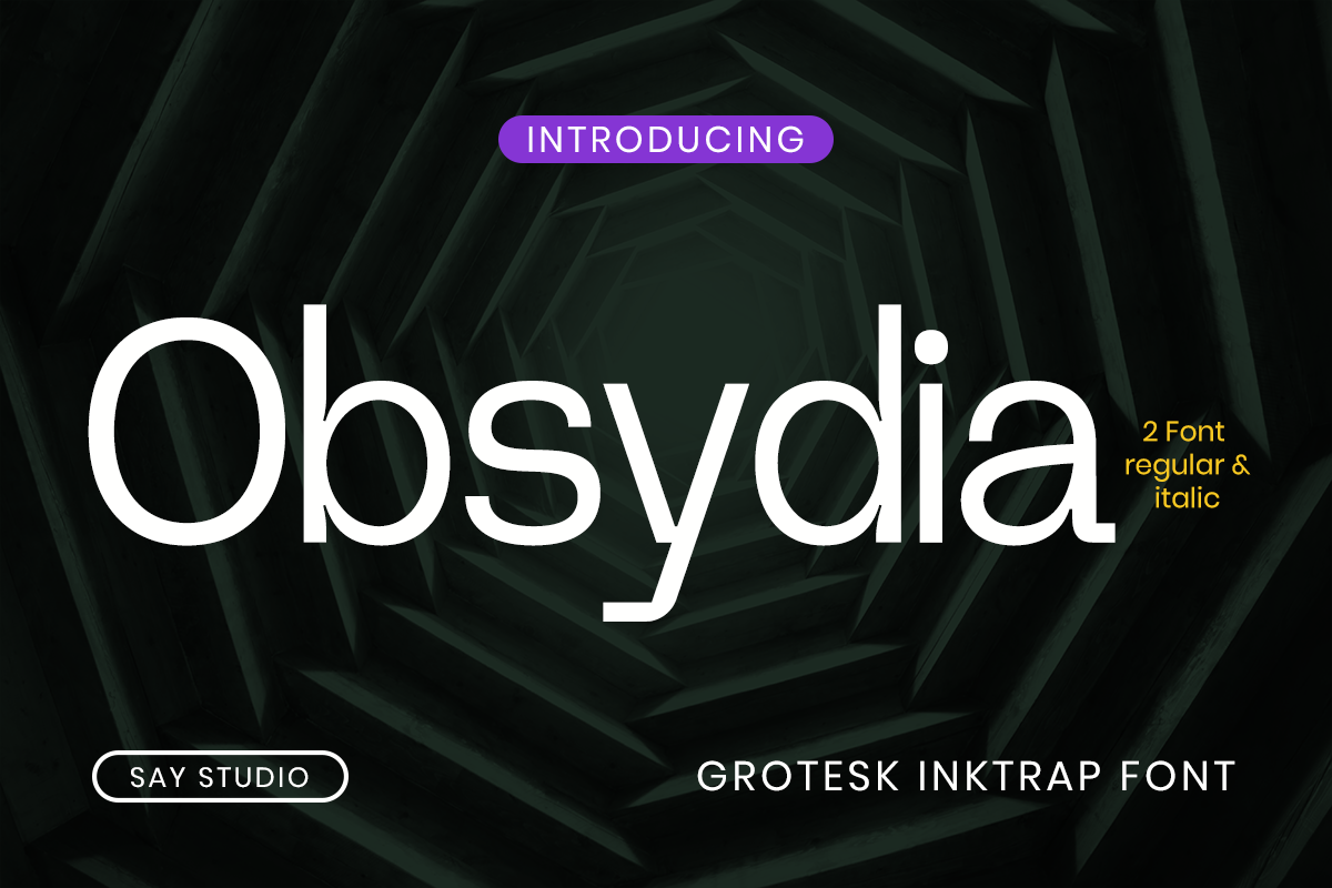 Obsydia grotesk inktrap font with regular plus italic weights on dark geometric background