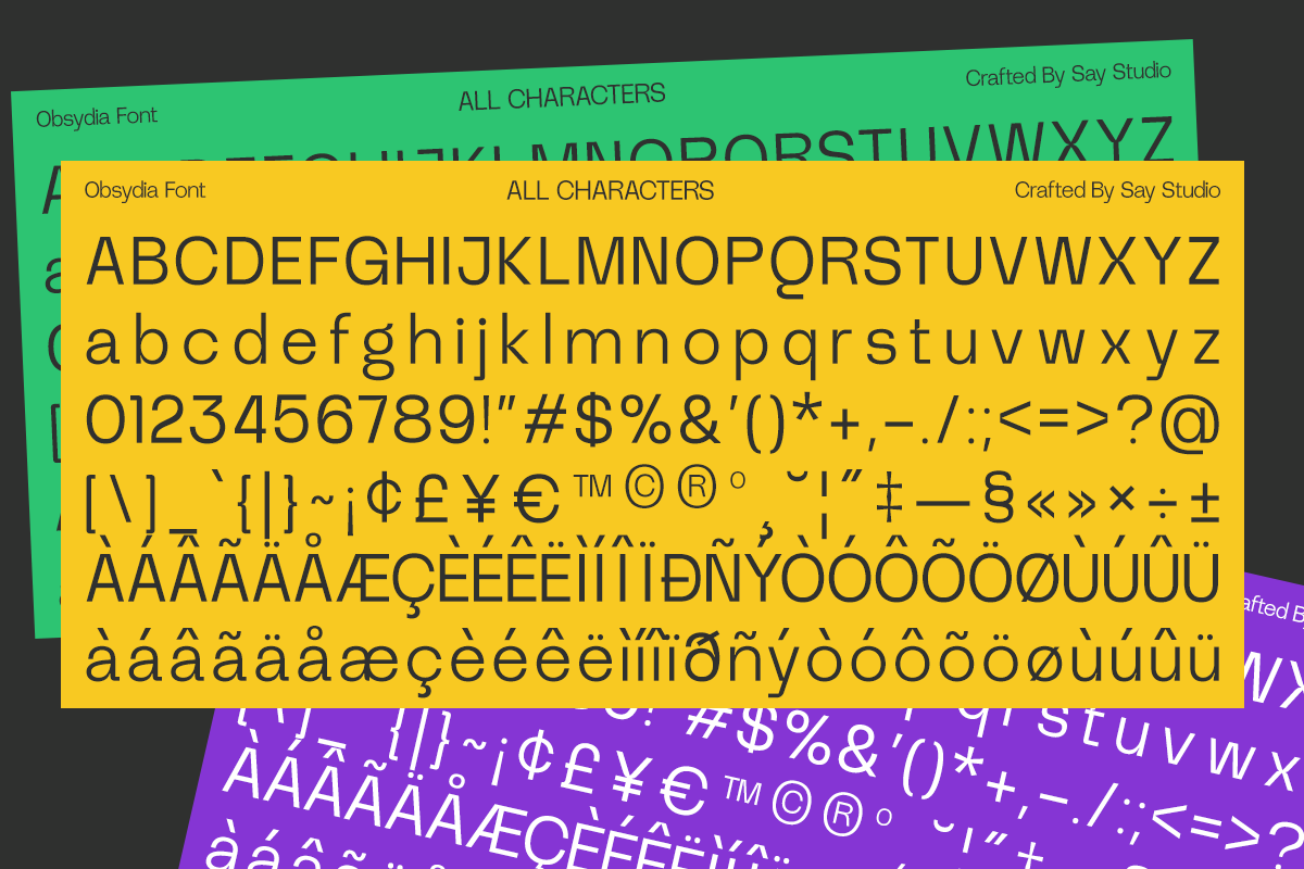 Obsydia Font character set showing uppercase, lowercase, numbers, symbols, plus international accents on bright green, yellow, purple backgrounds