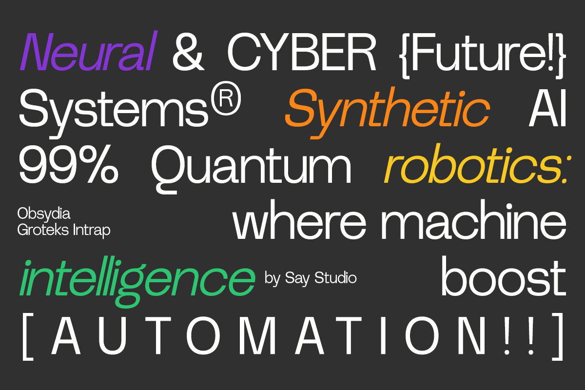 Futuristic tech typography mockup with neon purple, orange, green text on dark background