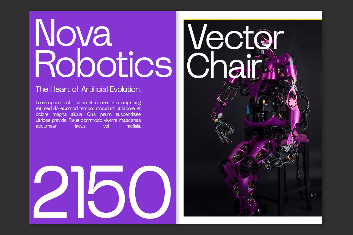 Split layout mockup with purple Nova Robotics poster on left, neon robot on chair right side
