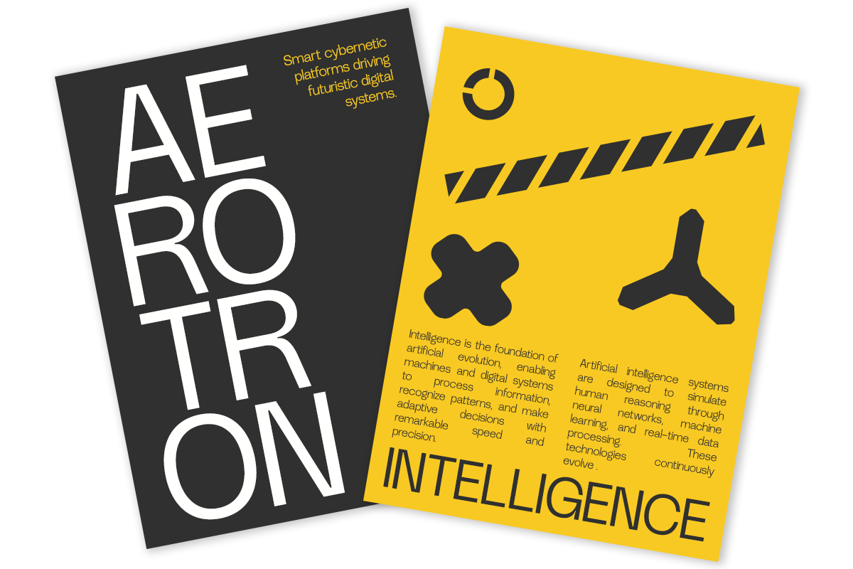 Two modern posters overlapping, one black with large white letters spelling AEROTION, one bright yellow with geometric shapes exploring artificial intelligence concepts