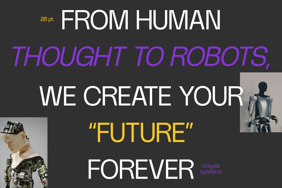 Obsydia typeface poster with robots, human figures, yellow purple white text on dark background