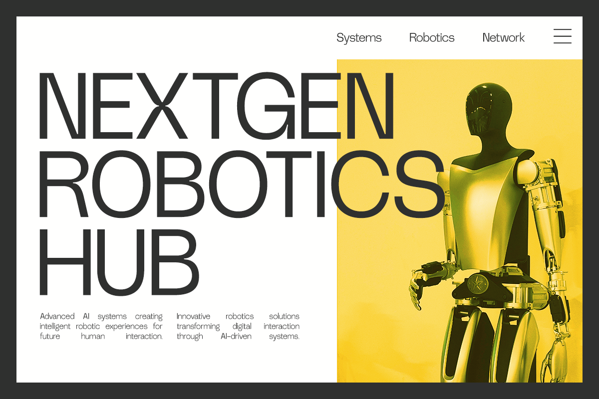 Nextgen Robotics Hub website mockup with yellow hero section, robotic figure with mechanical arms on bright background